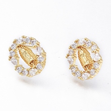 Honeyhandy Brass Micro Pave Cubic Zirconia Ear Studs, Long-Lasting Plated, Oval with Virgin Mary, Golden, Clear, 13x11mm, Pin: 0.8mm