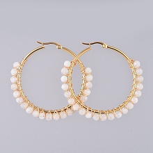 Honeyhandy Beaded Hoop Earrings, with Natural Rainbow Moonstone Beads and Golden Plated 304 Stainless Steel Hoop Earrings, 50mm, Pin: 0.6x1mm