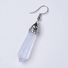 Honeyhandy Natural Quartz Crystal Dangle Earrings, with Alloy Findings, Bullet, Platinum, 51~55mm, Pendant: 35~36x9~9.5mm, Pin: 0.6mm