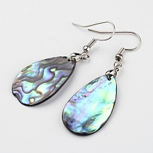 Honeyhandy Teardrop Platinum Tone Brass Natural Paua Shell Dangle Earrings, 50mm, Pin: 0.8mm