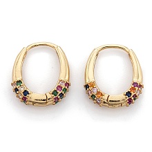 Honeyhandy Brass Micro Pave Cubic Zirconia Huggie Hoop Earrings, Oval, Real 18K Gold Plated, Colorful, 16x2~3.5mm, Pin: 0.6mm