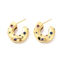 Honeyhandy Cubic Zirconia C-shap Stud Earrings, Real 18K Gold Plated Half Hoop Earrings for Women, Cadmium Free & Lead Free, Colorful, 20x6mm, Pin: 0.9mm