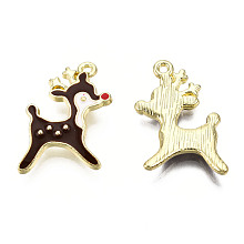 Honeyhandy Golden Plated Alloy Enamel Pendants, Christmas Reindeer/Stag, Coconut Brown, 21x14x2mm, Hole: 1mm