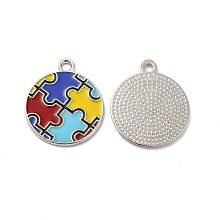 Honeyhandy Alloy Enamel Pendants, Flat Round with Autism Puzzle Pattern Charm, Platinum, Colorful, 23x20x1mm, Hole: 2mm