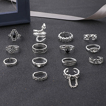 Honeyhandy 14Pcs 14 Style Rhombus & Eye & Snake & Elephant & Feather & Yoga Theme Rhinestone Finger Rings Set, Alloy Jewelry for Women, Antique Silver, Inner Diameter: 15~18mm, 1Pc/style