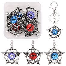 6Pcs 3 Colors Glass Pendants, with Antique Silver Plated Alloy Findings, Star with Evil Eye, Mixed Color, 47x44x9mm, Hole: 7x4mm, 2pcs/color