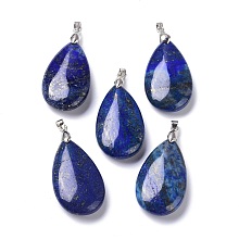 Honeyhandy Natural Lapis Lazuli Pendants, with Brass Finding, Teardrop, 35x20x7.5~9mm, Hole: 4x3.5mm