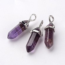 Honeyhandy Bullet Natural Amethyst Pendants, with Platinum Tone Random Alloy Pendant Hexagon Bead Cap Bails, 27~31x10x8mm, Hole: 4x3mm