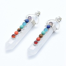 Honeyhandy Chakra Jewelry, Natural Quartz Crystal and Mixed Stone Double Terminated Pointed Pendants, with Alloy Findings, Bullet, Platinum, 58~61x16.5~18x15.5~16mm, Hole: 4.5x7.5mm