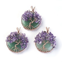 Honeyhandy Natural Green Aventurine & Amethyst Big Pendants, with Rose Gold Tone Brass Findings, Flat Round with Tree of Life, 58~61.5x44~48x14~16.5mm, Hole: 4~5x3.5~6mm