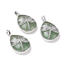 Honeyhandy Natural Green Aventurine Pendants, with Platinum Tone Brass Findings, Lead Free & Cadmium Free, Teardrop with Dragonfly Charms, 40~40.5x26~26.5x9~9.5mm, Hole: 5x7mm