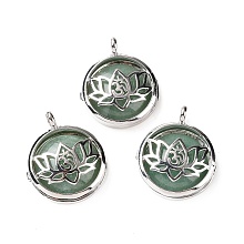 Honeyhandy Natural Green Aventurine Locket Pendants, Flat Round Charms, with Platinum Plated Brass Lotus Findings, 31.5x27x9mm, Hole: 4.6mm