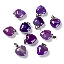 Honeyhandy Natural Agate Pendants, with Platinum Brass Loops, Heart, Dyed & Heated, Purple, 18~19x15~15.5x7.5~10mm, Hole: 6x2.5~3mm