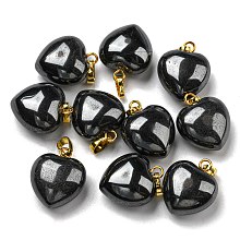 Honeyhandy Natural Black Stone Pendants, with Golden Tone Brass Findings, Puffy Heart Charm, 18x15~15.5x6~8mm, Hole: 6x3mm