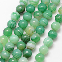 Honeyhandy Natural Striped Agate/Banded Agate Bead Strands, Round, Grade A, Dyed & Heated, Medium Sea Green, 10mm, Hole: 1mm, about 37pcs/strand, 15 inch