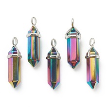 Honeyhandy Electroplate Non-Magnetic Synthetic Hematite Pendants, with Platinum Tone Brass Findings, Bullet, Rainbow Color, 39.5x12x11.5mm, Hole: 4.5x2.8mm