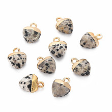 Honeyhandy Natural Dalmatian Jasper Charms, with Light Gold Plated Iron Findings, Heart, 13.5x10.5x5~5.5mm, Hole: 1.6~1.8mm