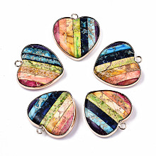 Honeyhandy Natural Regalite/Imperial Jasper/Sea Sediment Jasper Pendants, with Light Gold Tone Brass Edge, Dyed, Heart, Colorful, 24x21.5x6mm, Hole: 2mm