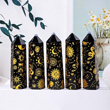 Honeyhandy Natural Black Obsidian Pointed Prism Bar Home Display Decoration, Healing Stone Wands, for Reiki Chakra Meditation Therapy Decos, Moon Star Print Faceted Bullet, Gold, 50~60mm