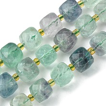 Honeyhandy Natural Fluorite Beads Strands, with Seed Beads, Faceted Cube, 8~9x8~9x8~9mm, Hole: 0.9~1mm, about 35~39pcs/strand, 14.80''~15.16''(37.6~38.5cm)