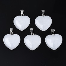 Honeyhandy Heart Natural White Jade Pendants, with Platinum Tone Brass Findings, 20~22x20~21x5~8mm, Hole: 2x7mm