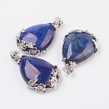 Honeyhandy Valentine Gifts Idea for Guys Natural Lapis Lazuli Pendants, with Brass Findings, Drop, Platinum, 38~41x26x8mm, Hole: 5x4mm