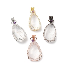 Natural Quartz Crystal Pendants, Rack Plating Copper Wire Wrapped Drop Charms, Cadmium Free & Lead Free, Mixed Color, 46.5~54x19.5~29x12~16mm, Hole: 8.5x4mm