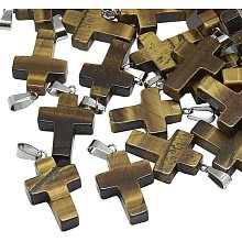 Arricraft 50PCS Cross Pendants, Cross Necklace Charms, Gemstone Pendants with Stainless Steel Bails, Tiger Eye Pendants for Necklace Jewelry Making