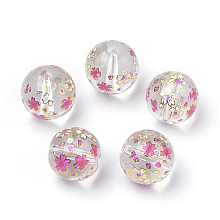 Honeyhandy Printed Glass Beads, Round with Flower Pattern, Clear, 11~12x11mm, Hole: 1.5mm