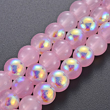 Honeyhandy Spray Painted Glass Beads Strands, AB Color Half Plated, Round, Pearl Pink, 8x7.5mm, Hole: 1.4mm, about 50~51pcs/strand, 14.57~14.96 inches(37~38cm)