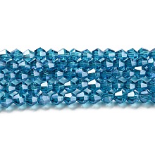 Honeyhandy Transparent Electroplate Glass Beads Strands, Pearl Luster Plated, Faceted, Bicone, Steel Blue, 4x4mm, Hole: 0.8mm, about 82~85pcs/strand, 30.5~31cm