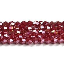 Honeyhandy Opaque Solid Color Electroplate Glass Beads Strands, AB Color Plated, Faceted, Bicone, Dark Red, 4x4mm, Hole: 0.8mm, about 87~98pcs/strand, 12.76~14.61 inch(32.4~37.1cm)