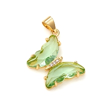 Honeyhandy Glass Pendants, with Brass Clear Micro Pave Cubic Zirconia, Butterfly, Golden, Lime Green, 24x21x4mm, Hole: 5.5x3.5mm