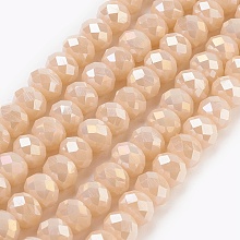 Honeyhandy Electroplate Glass Beads Strands, Imitation Jade Glass, Full Rainbow Plated, Faceted, Rondelle, PeachPuff, 6x4~5mm, Hole: 0.8~1mm, about 88~92pcs/strand, 15.5 inch~16 inch(39~45cm)