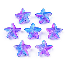 Transparent Spray Painted Glass Beads, Two Tone, Starfish, Blue, 14x15x6.5mm, Hole: 1mm