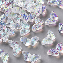 Honeyhandy Transparent Glass Beads, with Glitter Powder, AB Color Plated, Butterfly, Clear AB, 8x15x4.5mm, Hole: 1mm