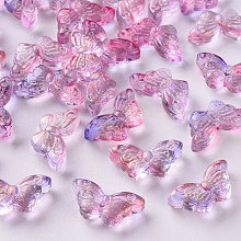 Honeyhandy Two Tone Transparent Spray Painted Glass Beads, with Glitter Powder, Butterfly, Flamingo, 8x15x4.5mm, Hole: 1mm