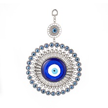 Honeyhandy Tibetan Style Alloy Pendant Decorations, with Handmade Lampwork & Resin Evil Eye Cabochons, Flower, Antique Silver, 225mm, Hole: 14x10mm