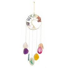 Honeyhandy Chakra Flat Round with Tree of Life Wire Wrapped Wind Chimes, with Chips Natural Gemstone Beads and Natural Agate Pendants, 635mm