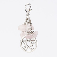 Honeyhandy Natural Rose Quartz Chips Pendants, with Flat Round with Pentagram Pendants and Brass Lobster Claw Clasps, 46x17x8mm