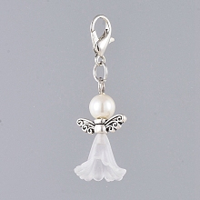 Honeyhandy Acrylic Pendants, with Dyed Glass Pearl Beads, Zinc Alloy Lobster Claw Clasps and Alloy Beads, Angel, White, 40mm