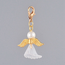 Honeyhandy Acrylic Pendants, with Glass Pearl Beads, Light Gold Plated Zinc Alloy Lobster Claw Clasps and Golden Plated Alloy Beads, Angel, White, 39mm