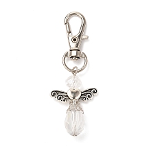 Honeyhandy Faceted Teardrop Glass Pendants, with Faceted Glass Beads, Alloy Heart Beads & Swivel Lobster Claw Clasps, Iron Pins & Bead Caps, Angel, Clear, 63mm, Pendant: 34x23.5x9.5mm