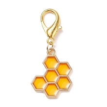 Honeyhandy Alloy Enamel Honeycomb Pendant Decorations, Lobster Clasp Charms, Clip-on Charms, for Keychain, Purse, Backpack Ornament, Golden, 38mm