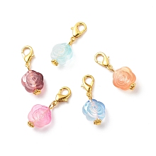 Honeyhandy Acrylic Rose Flower Pendants Decoration, Clip-on Charms,  with Alloy Lobster Claw Clasps, Mixed Color, Golden, 28mm