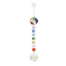 Honeyhandy Natural & Synthetic Mixed Gemstone Tree with Glass Window Hanging Suncatchers, Golden Brass Tassel Pendants Decorations Ornaments, Heart, 245mm