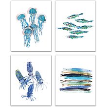 CREATCABIN 4pcs Funny Watercolor Ocean Life Art Print Set Sea Marine Life Print Canvas Wall Art Poster Jellyfish Octopus Hairtail for Nursery Bedroom Bathroom Home Decor 8 x 10inch Unframed