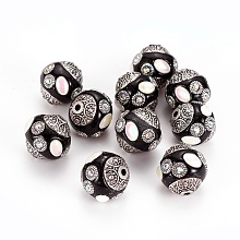 Honeyhandy Handmade Indonesia Beads, with Rhinestone and Metal Findings, Round, Antique Silver, Black, 14.5~15x14~14.5mm, Hole: 1.5mm