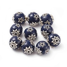 Honeyhandy Handmade Indonesia Beads, with Polymer Clay, Alloy Bead Caps and Alloy Findings, Oval, Antique Silver, Midnight Blue, 13~15x13~14mm, Hole: 2mm