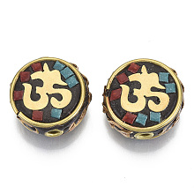 Honeyhandy Handmade Indonesia Beads, with Brass Findings, Flat Round with Om Symbol, Golden, Colorful, 16~17x16x6.5mm, Hole: 2mm